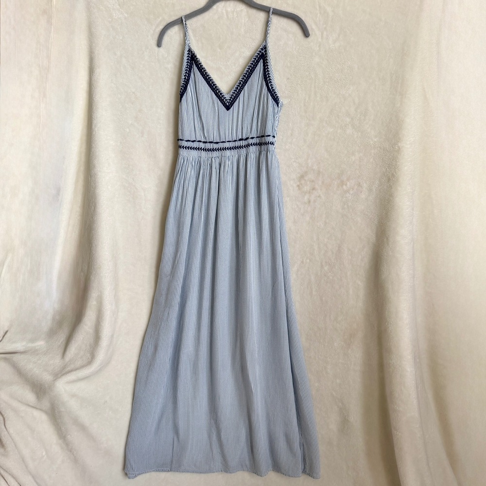 Japna Blue White Striped Rayon Maxi Dress Embroidered Smocked Back Size XS Boho